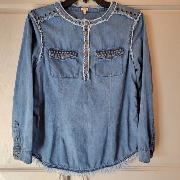 Reba Denim Metal Embellishments Frayed Hem Western Style Long Sleeve Blouse - Picture 1 of 6